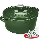 Overmont Enamelled Cast Iron Round Casserole 26cm 5.2L Green Lid
