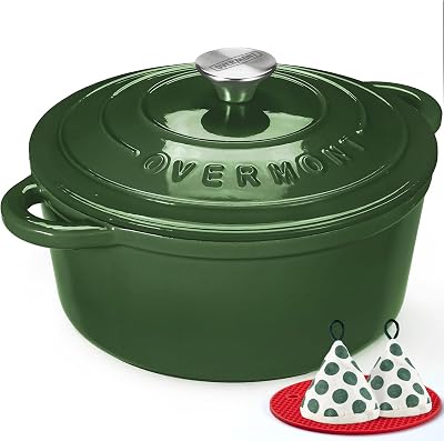 Overmont Enamelled Cast Iron Round Casserole 26cm 5.2L Green Lid