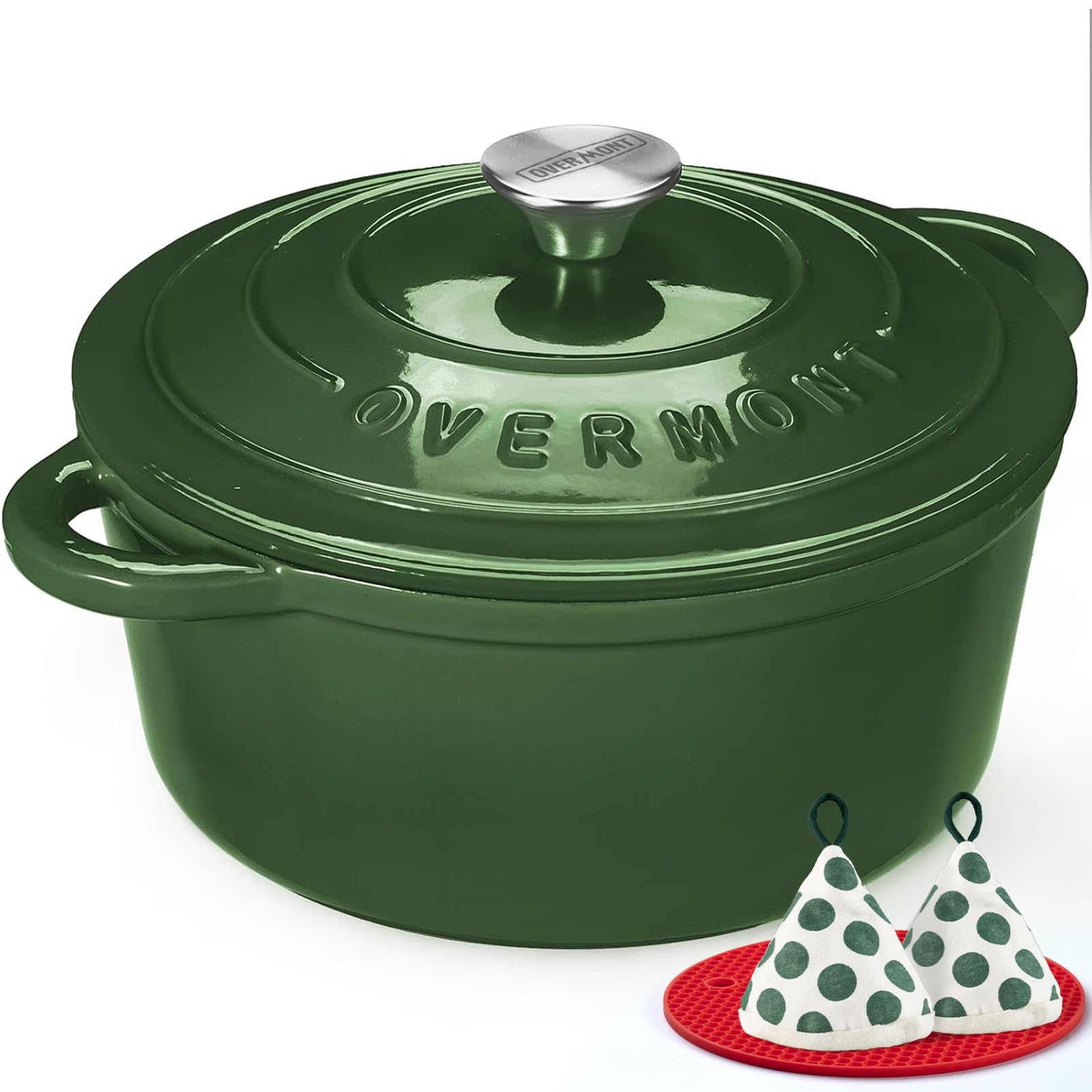 Overmont Enameled Cast Iron Dutch Oven - 5.5QT Pot with Lid Cookbook & Cotton Potholders - Heavy-Duty Cookware for Braising, Stews, Roasting, Bread Baking Glossy Green Image