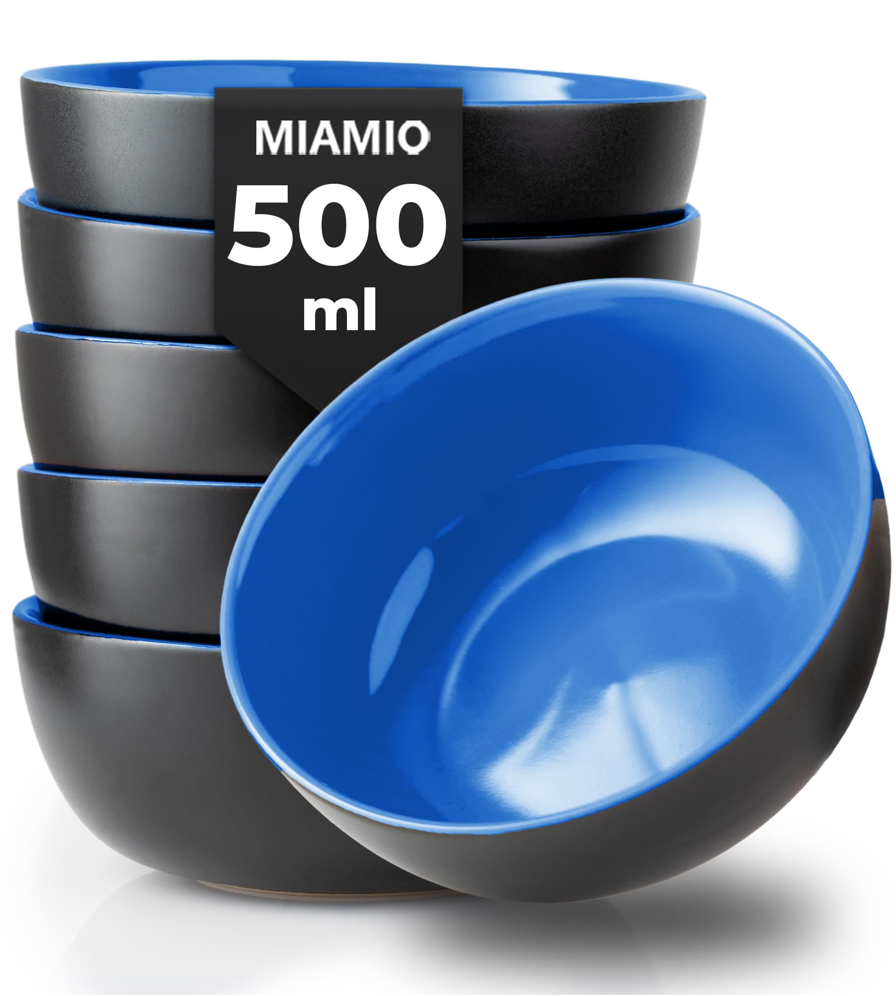 MIAMIO - 6 x 500 ml Stoneware Bowl Set Outside Black Inside Colourful - Le Papillon Collection (Blue)