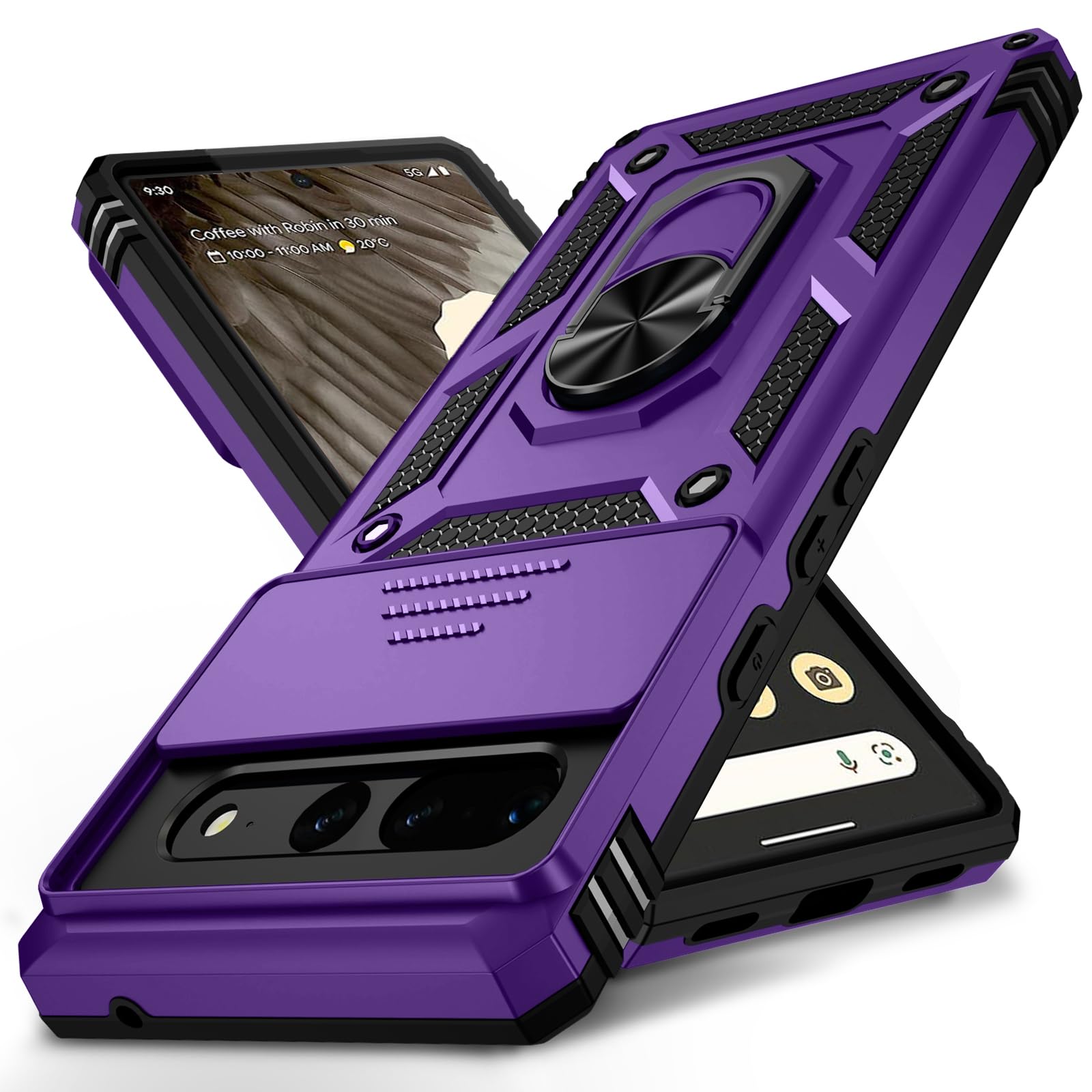 for Google Pixel 7 Pro Case with Camera Lens Cover, 10 FT Military Grade Drop Protection, Magnetic Ring Holder Kickstand Protective Phone Case for Pixel 7 Pro, Deep Purple