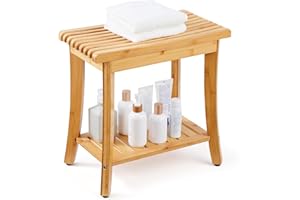 VEVOR Bamboo Shower Bench, 19.1 x 11.3 x 18.3 in, Waterproof Shower Stool Chair with Storage Shelf, 330lbs Load Capacity Spa 