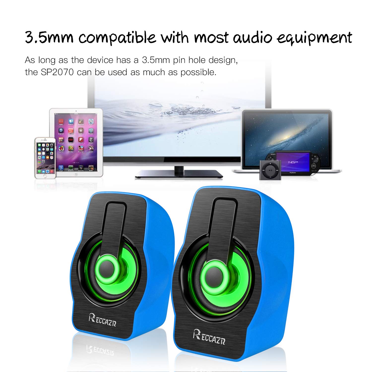 USB Powered Computer Speakers, Reccazr SP2070 Multimedia Stereo Sound Speakers with 7 Colors Breathing Lighting for PC(with3.5mm AUX and PC Input)-Blue