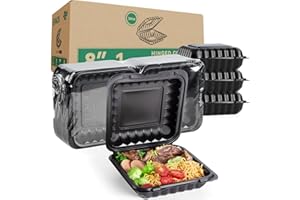 LEOBOX To Go Containers Mineral Filled PP Plastic - 8 Inch 34oz 55 Pack | Shrink Wrap BPA Free Takeout Boxes | Freezer & Microwave Safe for Food Delivery | Salad Breakfast Black Disposable Container