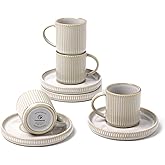 famiware Star Espresso Cups and Saucers Set of 4, [ Mini ] 3 oz Ceramic Small Coffee Mug with Handle, Ribbed Stoneware Demitasse Cup for Tea, Latte - Microwave & Dishwasher Safe - Cappuccino White