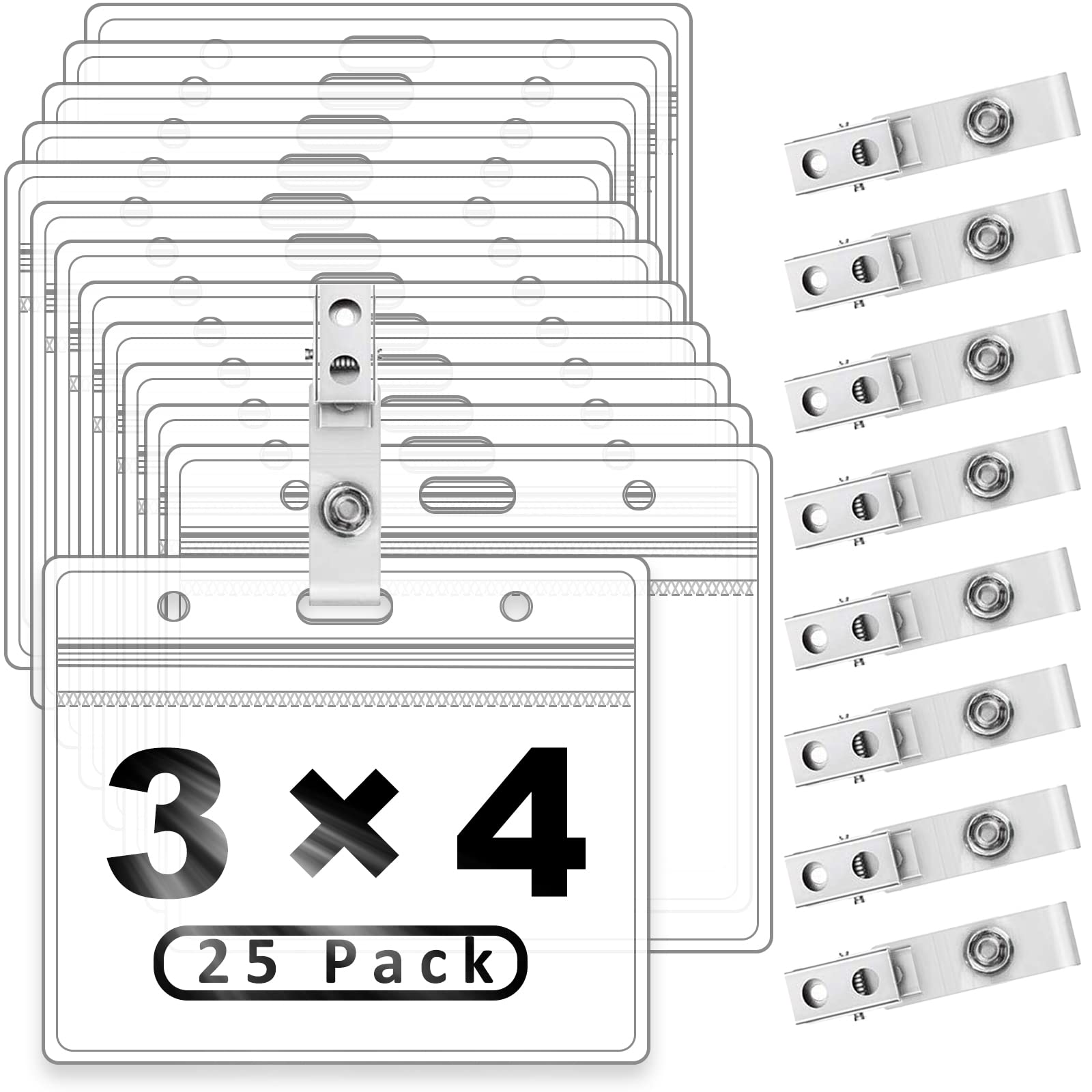 ZHEGUI Clear Plastic Horizontal Name Tag Holders and Metal Badge Clips with Vinyl Straps Waterproof PVC ID Card Badge Holder 3x4 Inch(25 Pack, Horizontal Large 3x4)