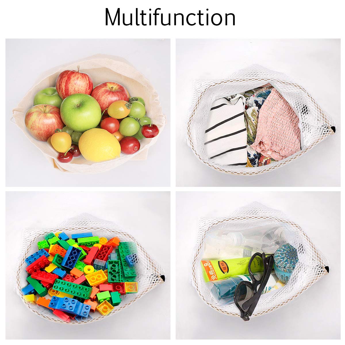 Reusable Produce Bags,WU-MINGLU Eco-Friendly Organic,Safe Freshness, 4 Sizes Muslin Cotton Drawstring & Premium Mesh Bag Set, Washable For Grocery Shopping,Storage and Vegetables(9Pack)