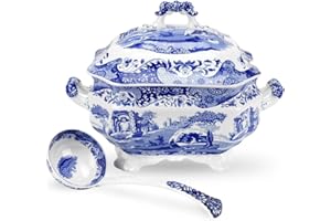 Spode Blue Italian Soup Tureen and Ladle Set | Covered Serving Dish for Soup | Made of Fine Porcelain | 3 Quart Capacity | Di