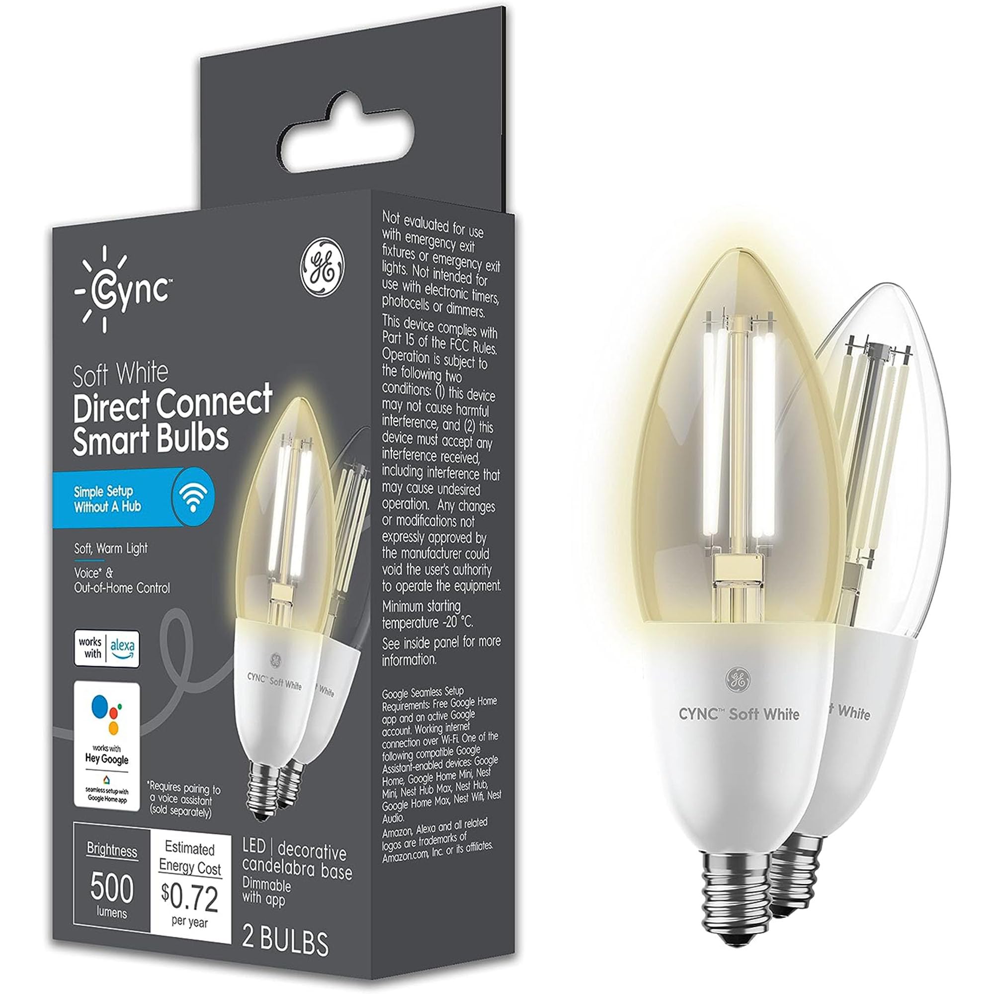 Photo 1 of GE CYNC Smart LED Light Bulb, B11 Candle Light Bulb, Works with Amazon Alexa and Google Home, WiFi Light, 60W Equivalent, Soft White, Small Base (Pack of 2)