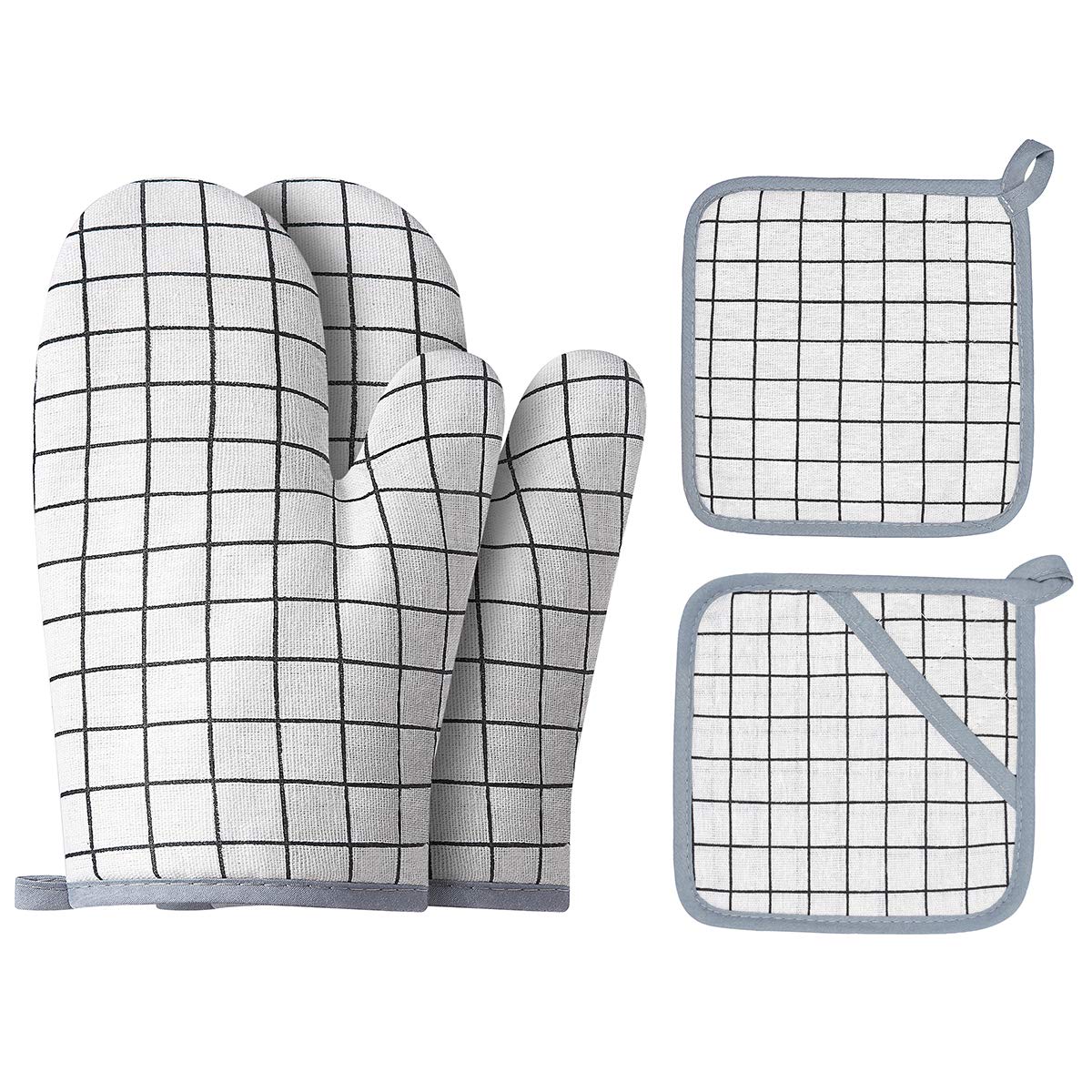 Win Change Oven Mitts and Potholders BBQ Gloves-Oven Mitts and Pot Holders with Recycled Infill Silicone Non-Slip Cooking Gloves for Cooking Baking Grilling (4-Piece Set) (White)