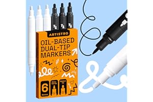 ARTISTRO 6 Black & White Permanent Markers, Oil Based Paint Markers Dual Tip (0.7mm+3mm), Waterproof Paint Pens for Rock Painting, Ceramic, Glass, Wood, Tire, Fabric & More 3+3
