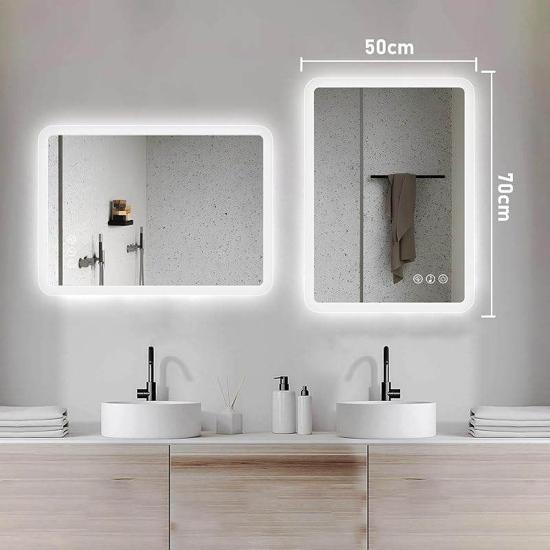 Bluetooth Espejo Baño con Luz 50x70cm, Espejos de Baño con LED con Antivaho, Regulable, 3 Colores Luz, Función Memoria