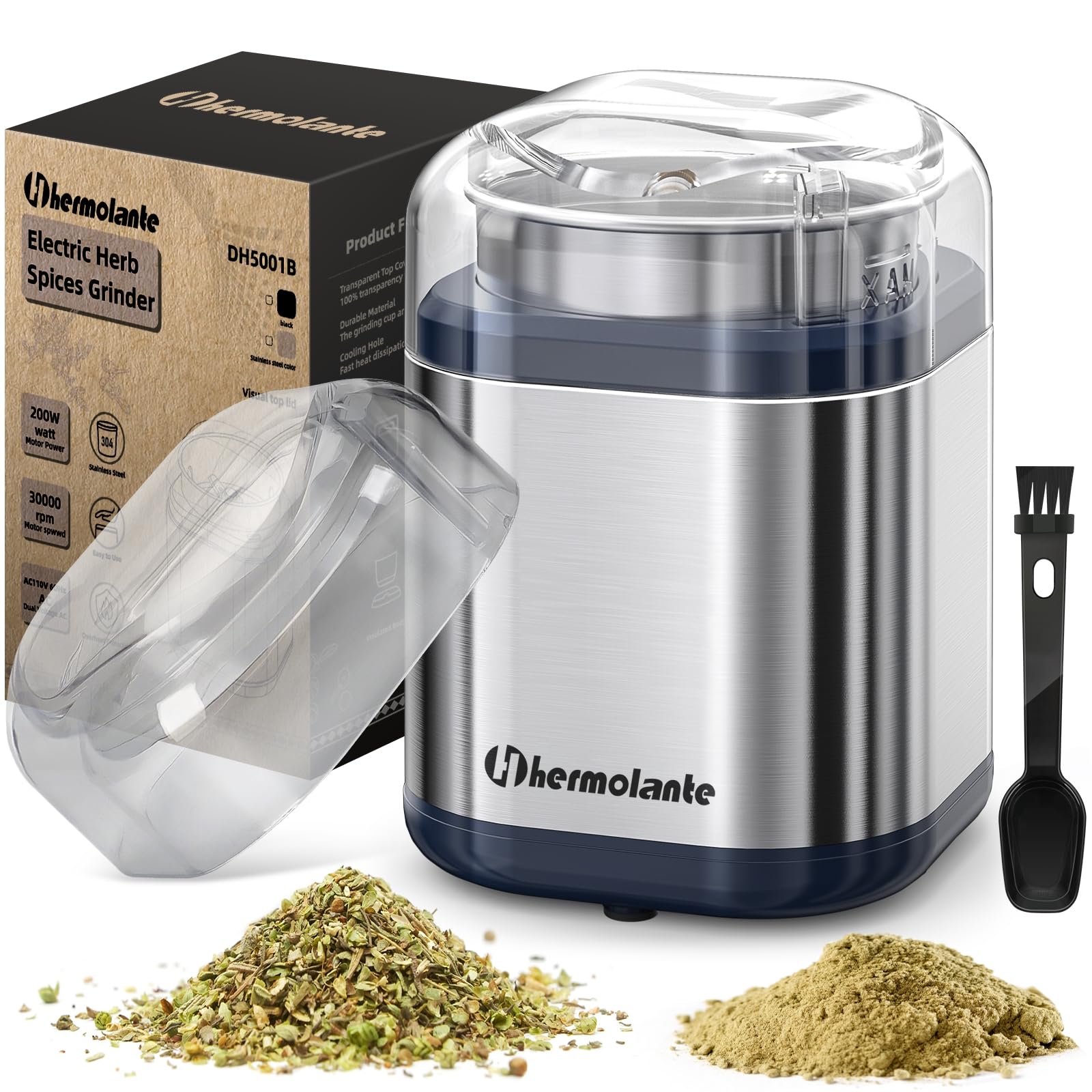 Photo 1 of Hermolante  Grinder Spice Grinder, 200 w Herb Grinder with Stainless Steel Blade and Cleaning Brush, Compact Size Electric Grinder for Herbs and Spices -5.11in(Stainless Steel)