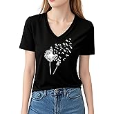 DANVOUY Women's Dandelion Print T Shirts Cute V-Neck Graphic Tees Short Sleeve Summer Tops