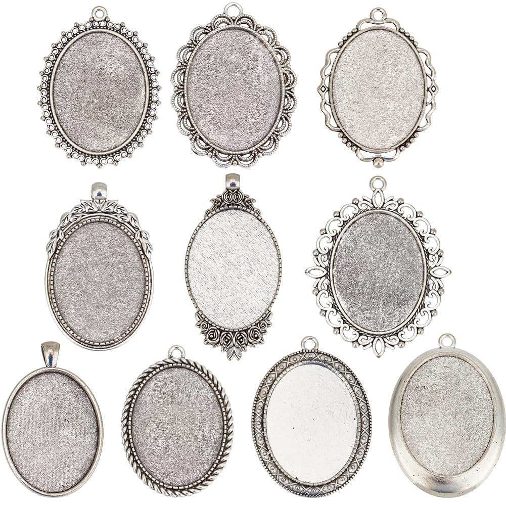 SOFPLATE 10Pcs 10 Styles Cabochon Bezel Blanks Charm Bezel Tray Alloy Tibetan Style Vintage Flat Oval Antique Silver Trays Pendants Settings for Jewellery Making Charms Necklace Supplies DIY Crafts