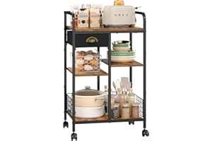keomaisyto Kitchen Serving Storage Cart with Table Top & Drawer, 3-Tier Rolling Utility Cart on Wheels with Adjustable 2 Storage Shelves, Coffee Bar cart for Kitchen/Dining/Living Room