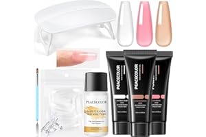 PEACECOLOR Poly Nail Gel Kit with U V Light, 3 Colors Clear Pink Nude 16ML Poly Extension Gel Nail Kit with Slip Solution for Beginners Manicure Tools DIY Home Salon Art Design
