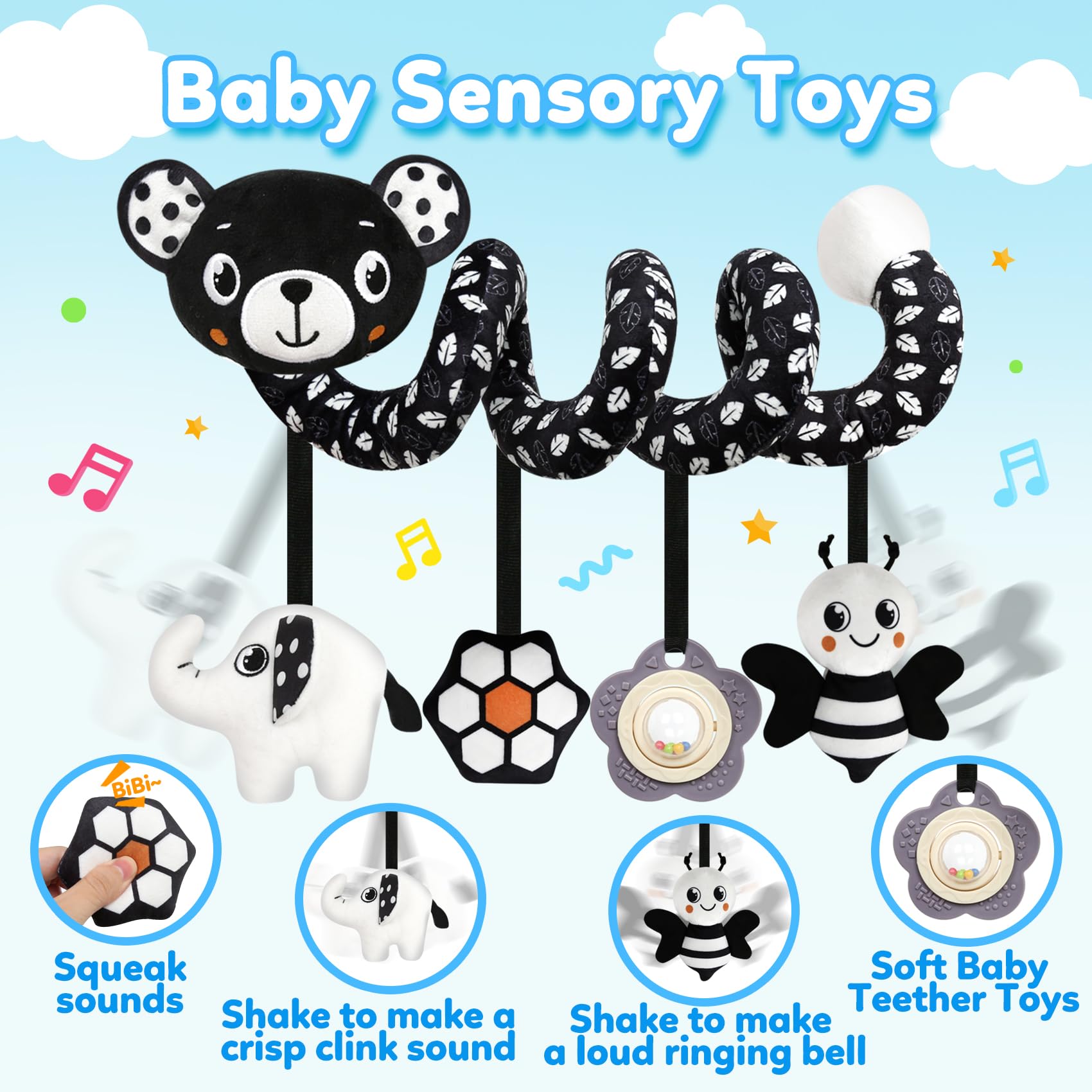 Baby Carseat Toy Black & White Rattle Spiral Hanging Activity Stroller Toy for Newborns Boys and Girls, Quality Gifts for Baby Shower - Bear