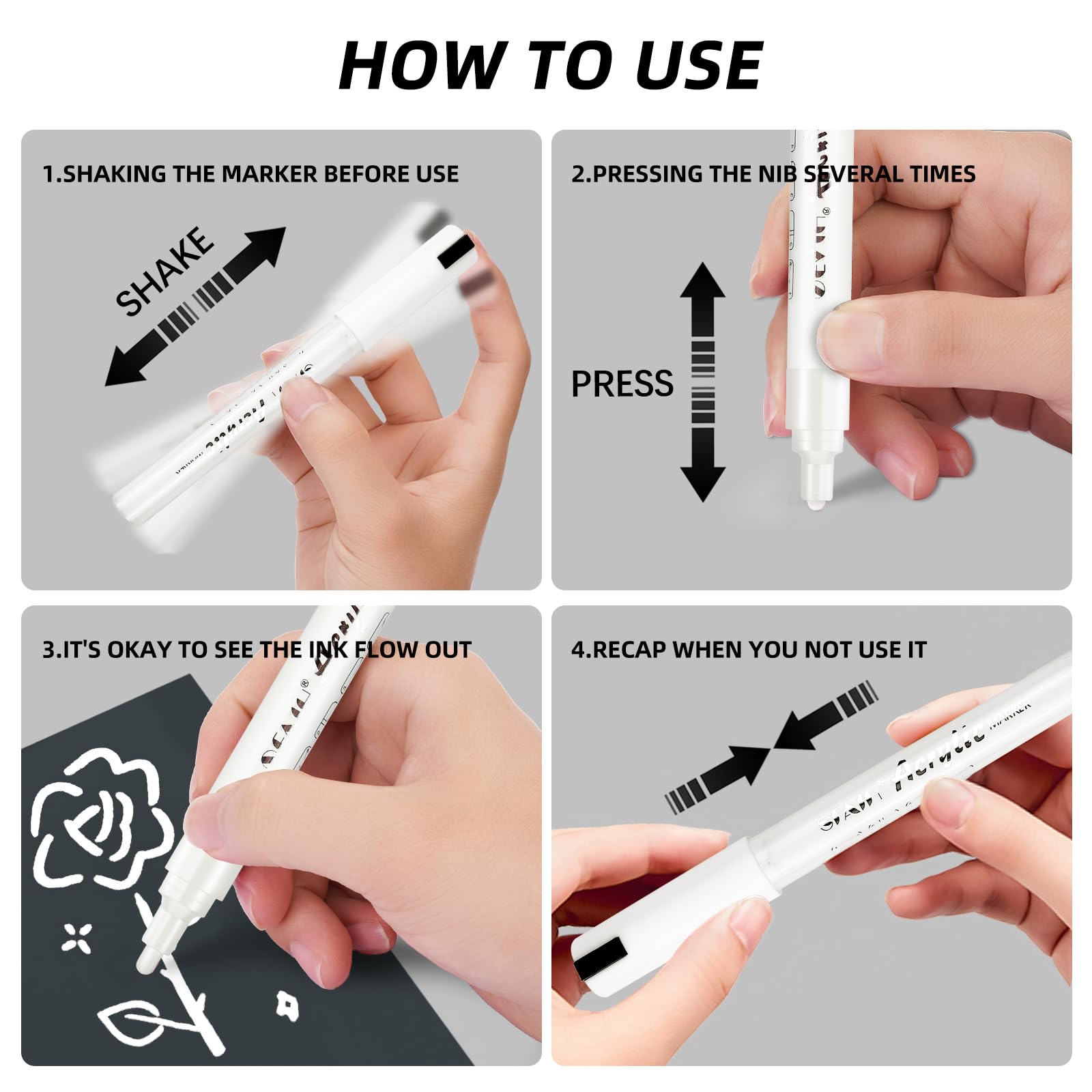 SFAIH Acrylic White Paint Pens - 8 Pack 2-3MM Medium Tip & 0.7MM Extra Fine Paint Marker for Rock Painting, Wood, Metal, Fabric, Plastic, Canvas, Glass, Ceramic, Diy Crafts, White Out Pen