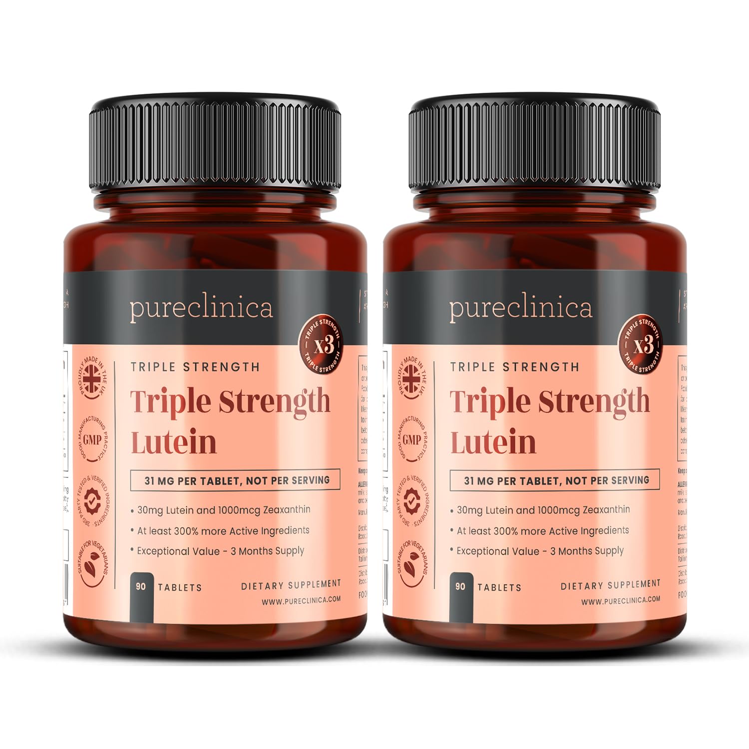 Pureclinica Triple Strength Lutein 30mg with Zeaxanthin 1000mcg – 180 Tablets (2 x 90) Eye Health, Vision & Macular Support Supplement