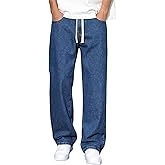 Floerns Men's Baggy Jeans Vintage Drawstring Waist Loose Fit Wide Leg Denim Pants