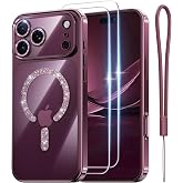 Meifigno for iPhone 18 Pro Case with 2 HD Clear Protectors, Burgundy | Compatible with MagSafe, Glitter Magnetic Ring &amp; Wrist Strap, Metallic-Plated Edge &amp; Clear Back, Raised Camera Protection