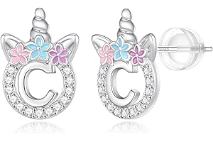 BRIJEWLIC 925 Sterling Silver Unicorn Earrings, 14K Gold/Rose Gold/Silver/Unicorn Earrings for Girls Kids Toddler Little Girls Hypoallergenic Letter Initial Earrings for Girls Christmas Gifts