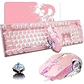 Pink Typewriter Keyboard and Mouse,Retro Vintage Mechanical Gaming Keyboard with White LED Backlit,104 Keys Anti-Ghosting Blue Switch Wired Cute Keyboard,Round Keycaps for Desktop PC/Laptop Mac