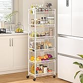 6 Tier Slim Rolling Storage Cart, Narrow Mobile Shelving Unit Organizer Utility Cart with Wheels, Metal Wire Storage Rack with Baskets for Kitchen, Bathroom, Laundry &amp; Living Room, 10in(W) White