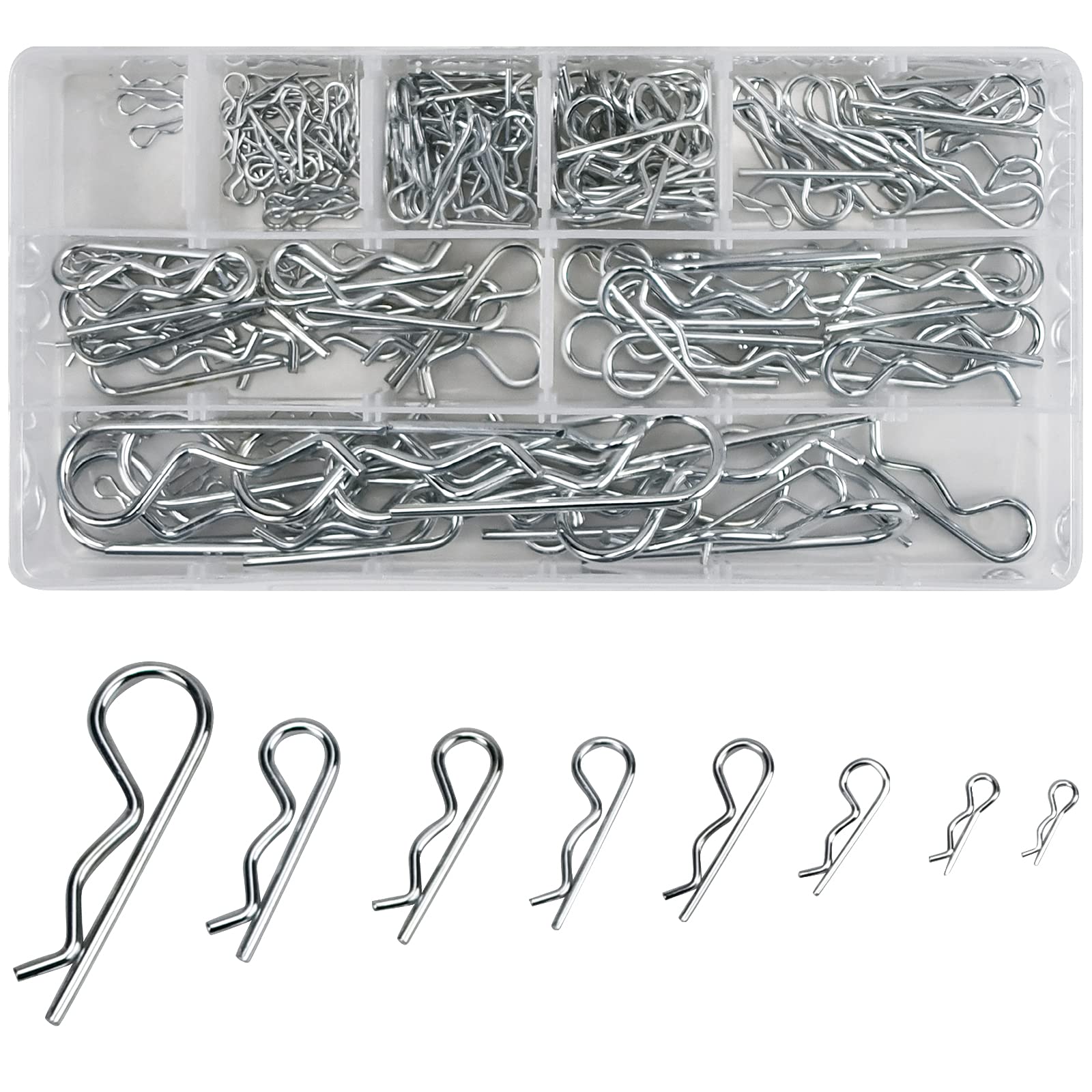 180 Pcs Stainless Steel Cotter Pin Assortment Kit, 8 Sizes, R Clips, Hitch Pin Clip, Retaining Spring Hitch with Storage Box for Tractor Mower Fastener Hardware