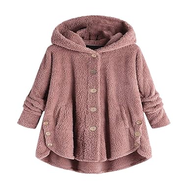 iHENGH Damen Herbst Winter Bequem Mantel Lässig Mode Jacke Frauen Knopf Mantel Flauschige Schwanz Tops Mit Kapuze Pullover Lo