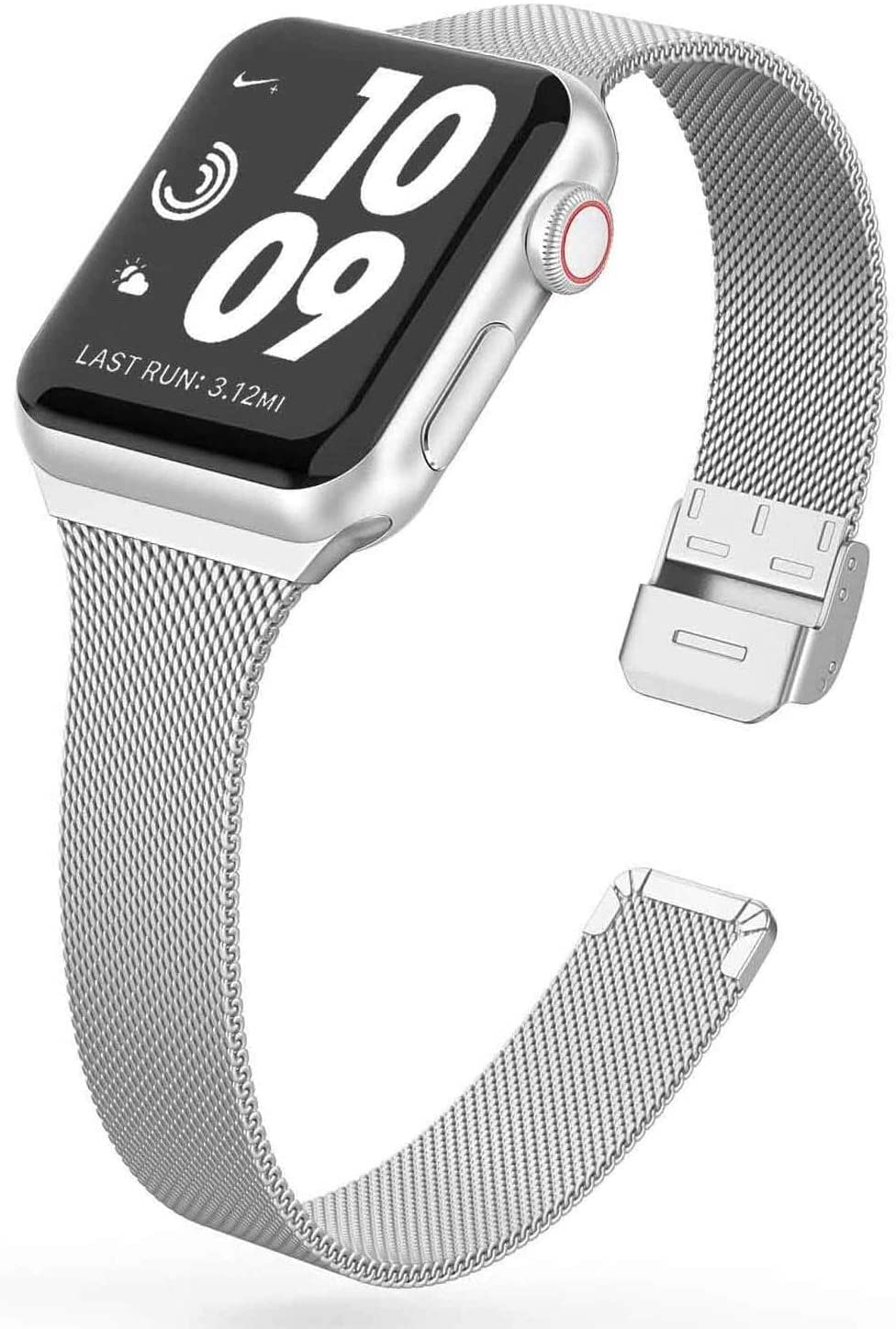 MaKTech Milanese Mesh Strap Stainless Steel Narrow Band with Push Button Compatible with Apple Watch Series 10/9/Ultra 2/SE/8/7[2024] (46mm/45mm/44mm/49mm,Silver)