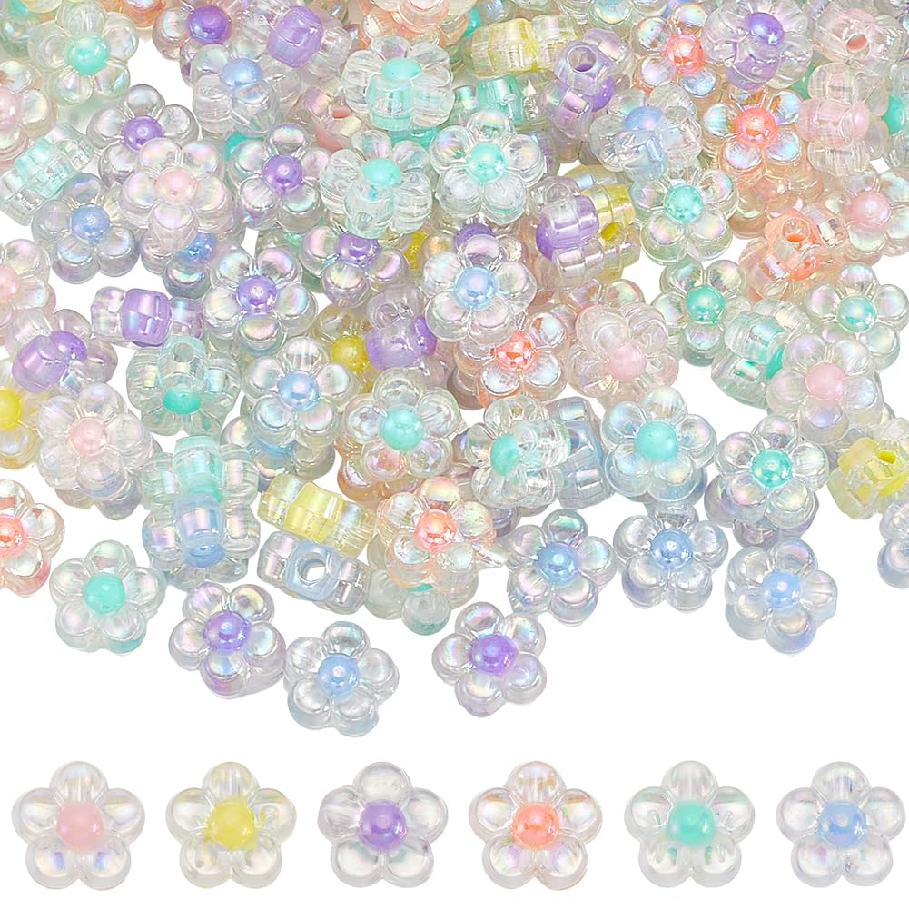 SOFPLATE 300Pcs Acrylic Flower Beads Mini Flowers Bead AB Color Cute Small Colorful Clear Transparent Plastic Flower Shape Loose Beads for jewellery Making Bracelets Earrings Necklaces Crafts Women