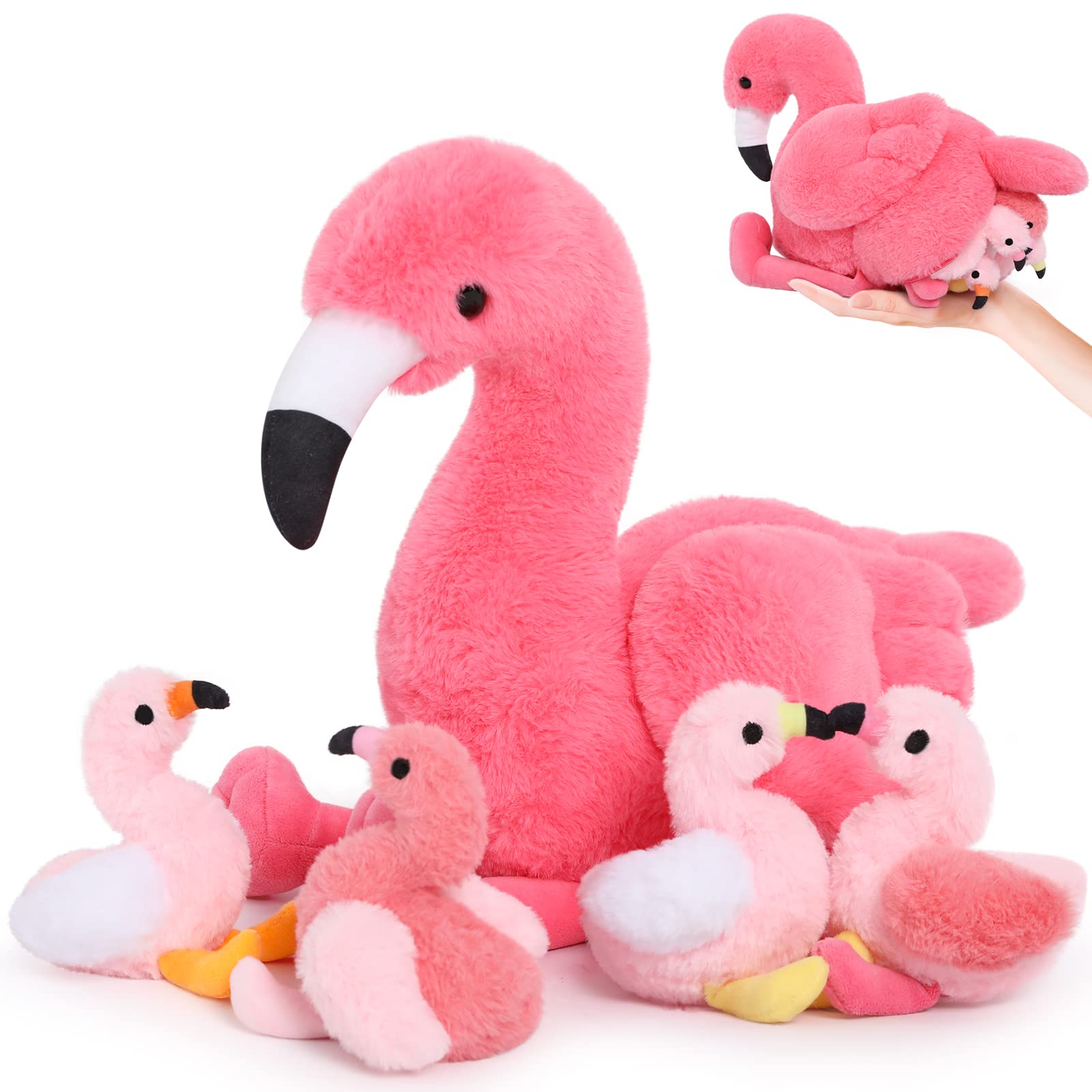 MorisMos 45cm sitzend Plüsch Flamingo mit 4 Baby im Bauch, Rosa Süß Kuschelig Flamingon Plüschtier Stofftier, Weich Spielzeug Dekokissen Geburtstag Themeparty Weihnachten Geschenk
