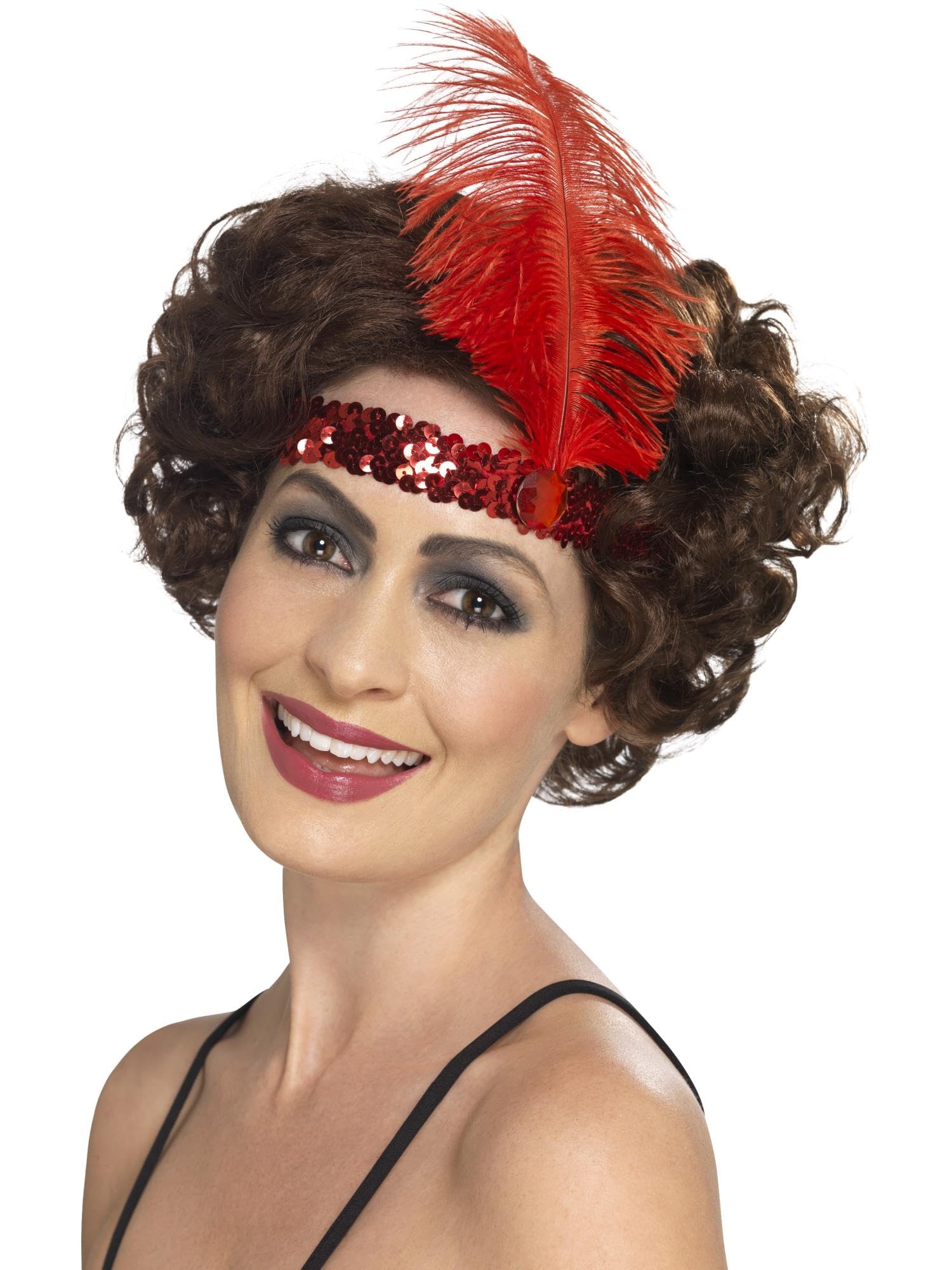Smiffys Flapper Headband, Red with Feather, 1920's Razzle Fancy Dress, Adult Dress Up Accessories