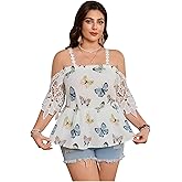 SweatyRocks Women's Plus Size Graphic Print Cold Shoulder Peplum Blouse Floral Lace Short Sleeve Shirts Top