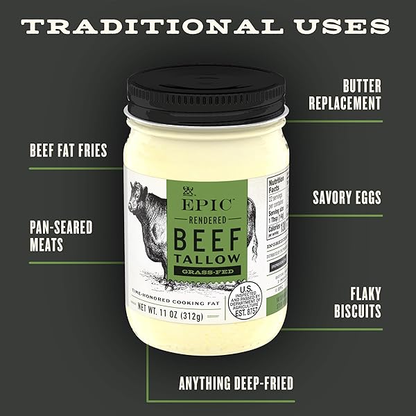 EPIC BEEF TALLOW, GRASS-FED, KETO FRIENDLY, WHOLE30, 11OZ JAR