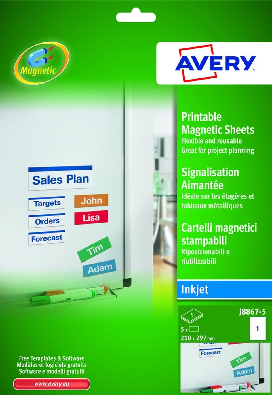 Avery J8867-5 Printable Magnetic Signs, 1 magnet Per A4 Sheet – BigaMart