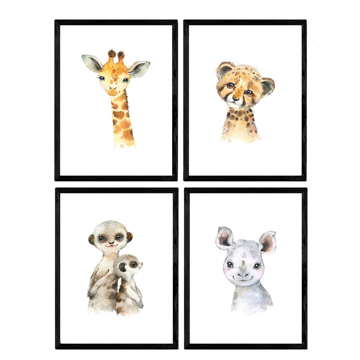 Nacnic Pack of four sheets with illustrations of animals. Posters with children's animal pictures. Tiger meerkat giraffe and rhino. A4 unframed