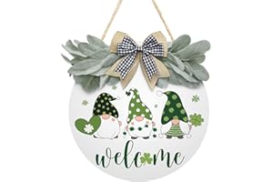 ASOULIN St Patrick's Day Welcome Sign Wreath For Front Door Decor Shamrock Hanging Door Sign Gnomes Pattern With Greenery & Bow Wooden Round St Patricks Day Decoration For The Home Farmhouse Decor 12x12 Inch