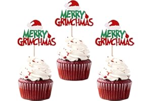 Rsstarxi 24 Pack Merry Christmas Cupcake Toppers Red Green Glitter Santa Hat Merry Christmas Cupcake Picks for Christmas Theme Xmas Holiday Kids Birthday Party Cake Decorations Supplies