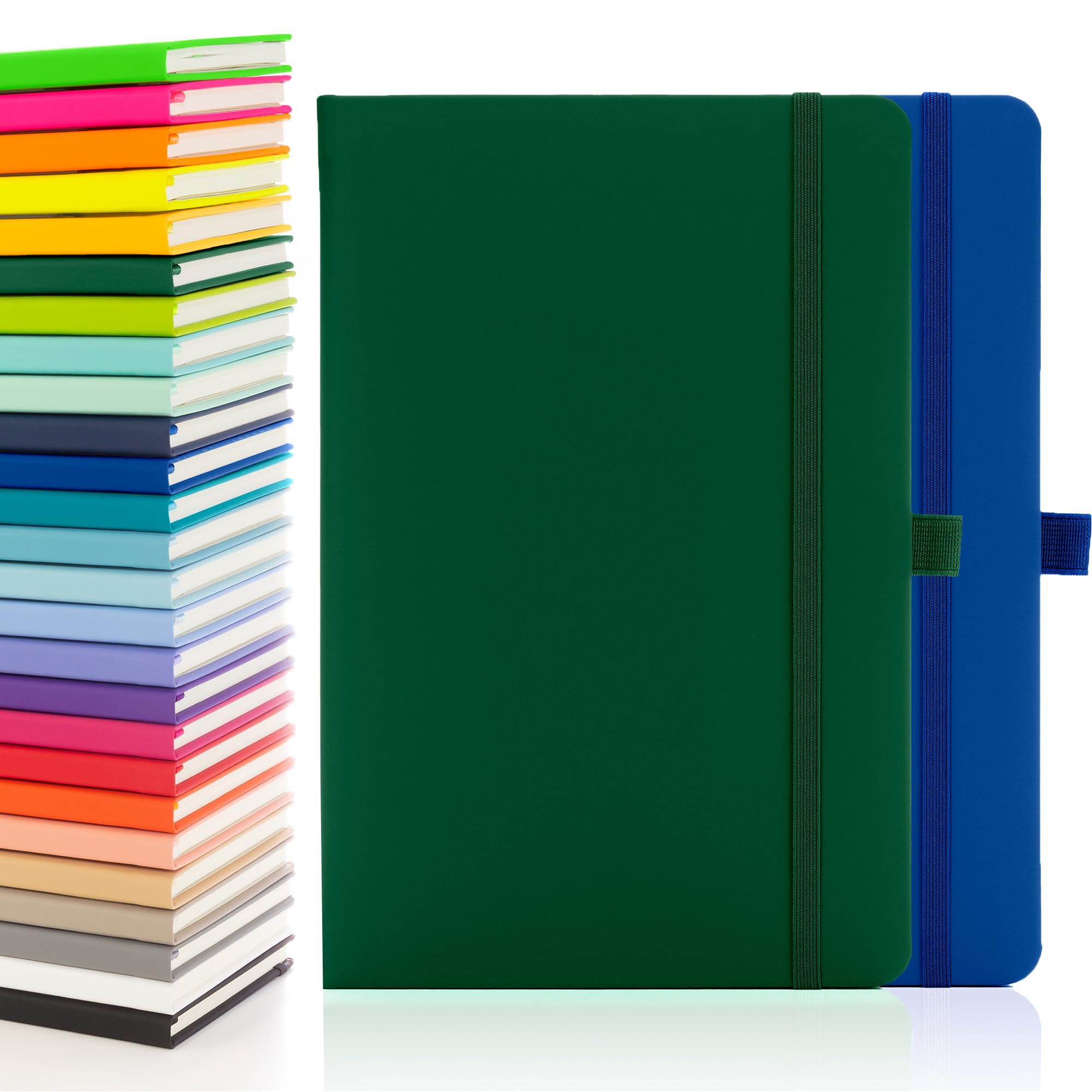 Notes London 2 x Eco A5 Notebook with Lined Pages, Pen Loop, Ribbon, Date Marks and Paper Pocket, Medium Hardback Journal, Note, sustainably sourced paper (Green & Blue)