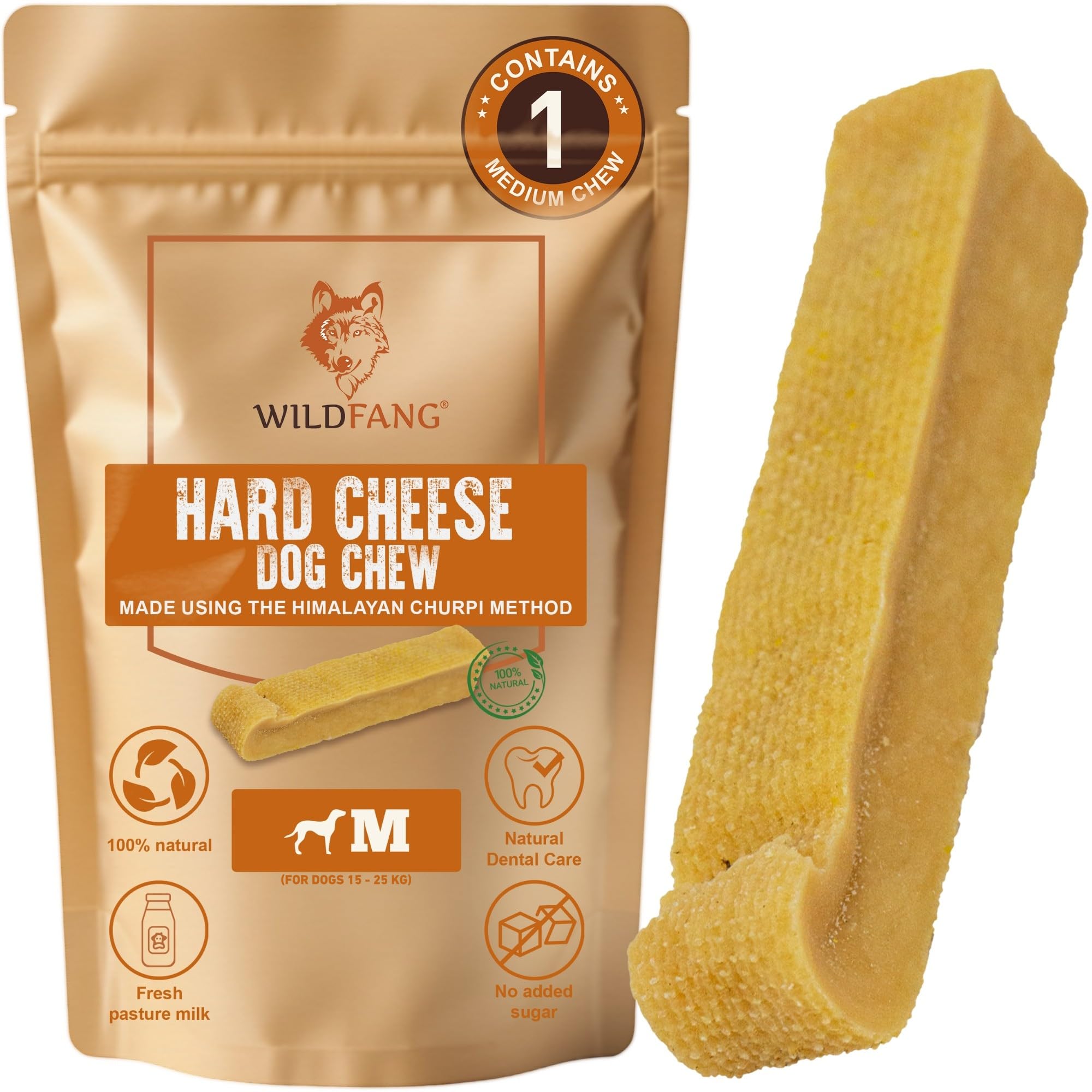Wildfang® Yak Chews for Dogs, M (Approx. 72 g) – Himalayan Yak Cheese Dog Chews, Natural Dog Treats and Puppy Teething Toys for Healthy Gums, Hard Churpi Dental Sticks for Dogs 15-25 kg, Pack of 1