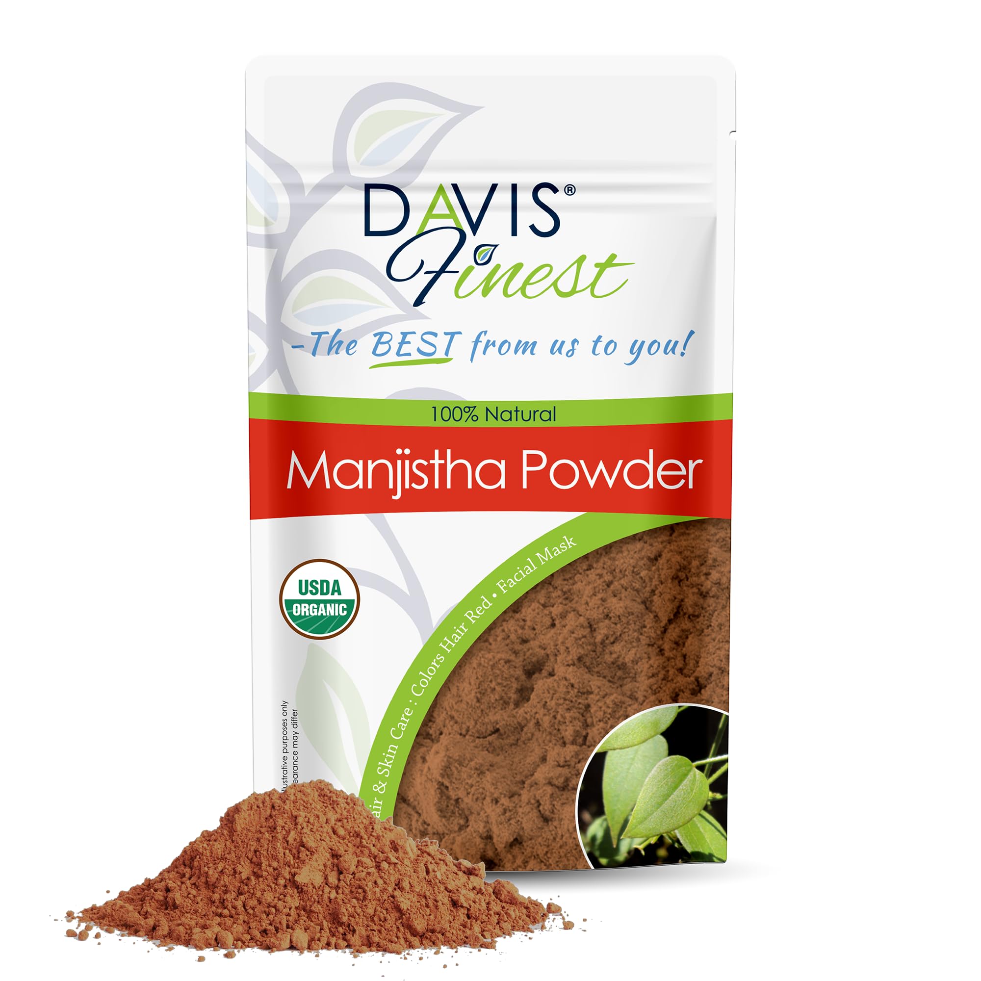Davis Finest Organic Manjistha Powder 100g, Pure & Natural Rubia Cordifolia Indian Madder Root, Ayurvedic, Hair & Skin, Face Mask, Brightening - Red Hair Dye Colour, Conditioner, Refresher