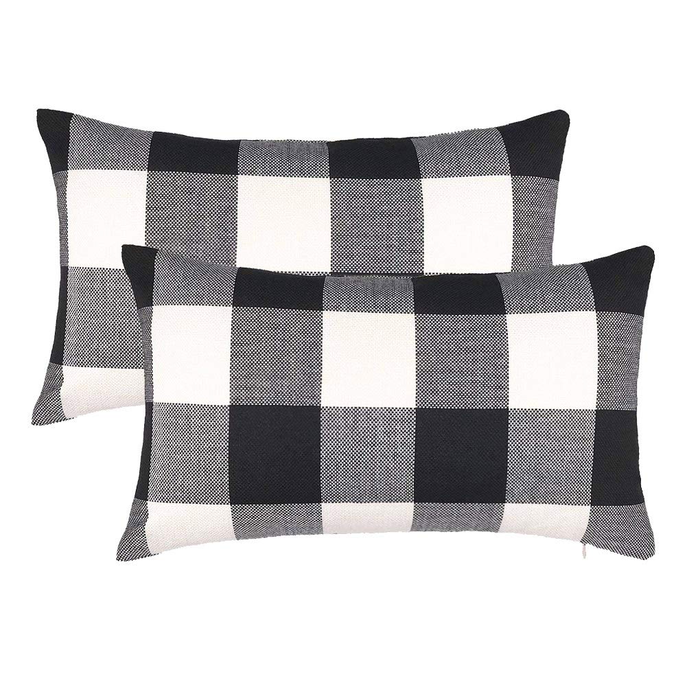 4TH Emotion Set of 2 Farmhouse Buffalo Check Plaid Throw Pillow Covers Cushion Case Cotton Linen for Fall Home Decor Black and White, 12 x 20 Inches