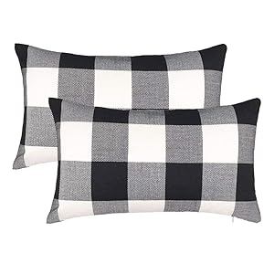4TH Emotion Set of 2 Farmhouse Buffalo Check Plaid Throw Pillow Covers Cushion Case Cotton Linen for Fall Home Decor Black and White, 12 x 20 Inches