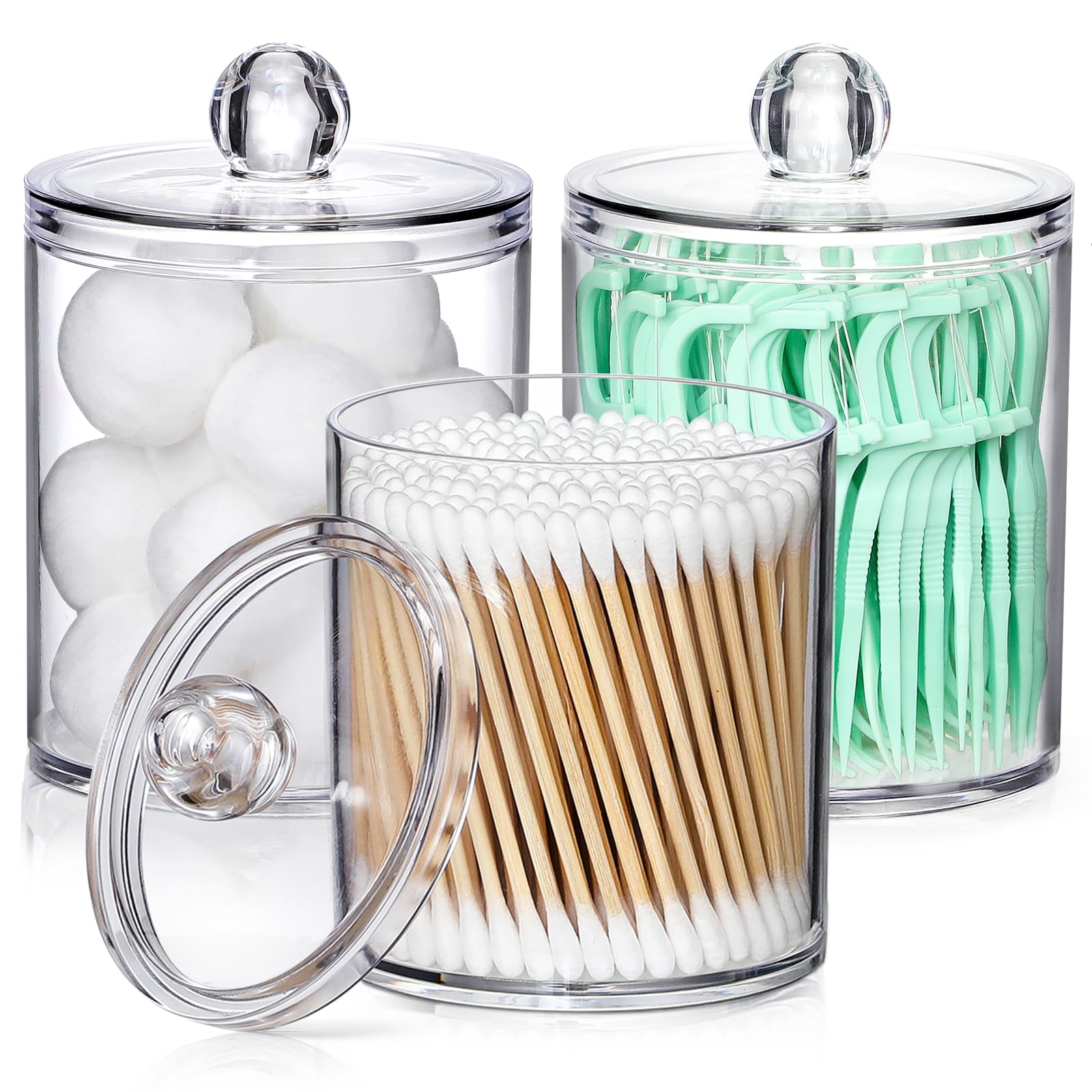Photo 1 of AOZITA 3 Pack Acrylic Qtip Holder Dispenser for Cotton Swab, Ball, Round Pads, Floss Picks - 10 oz Clear Plastic Apothecary Jar Set for Bathroom Canister Storage Organization, Vanity Makeup Organizer