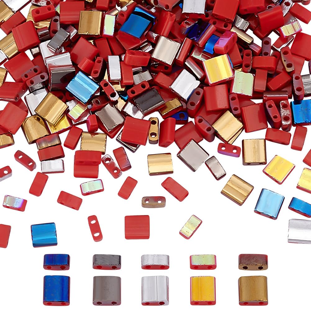 arricraft 250 Pcs 2 Hole Glass Seed Beads, 5 Colors Beads Flat Square Beads Rectangle Mini Beads Japanese Glass Beads for Bracelet Necklace Jewelry Making (5x5mm, 4.5x2mm)