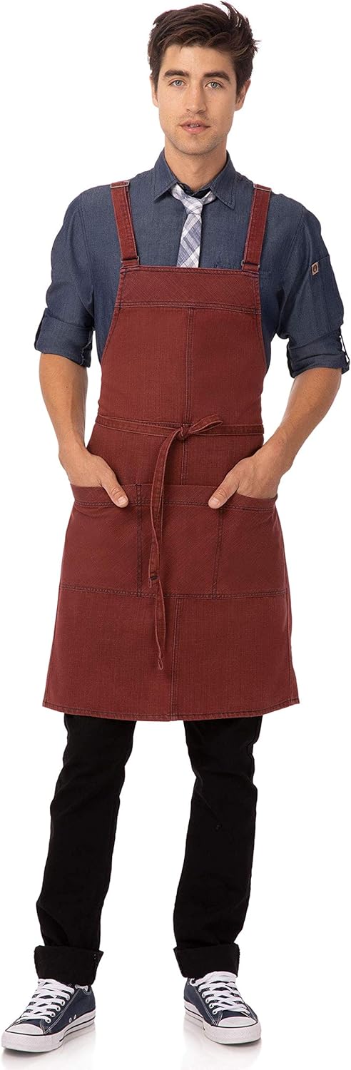 Chef Works Unisex Uptown Cross-Back Bib Apron, Red/Navy, One Size: Clothing