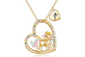 EXQUJEW Unicorns Gifts for Girls Necklace, 14K Gold/White Gold/Rose Gold Plated Colorful CZ Heart Necklace Unicorn Necklace for Girls Initial Necklace Unicorn Jewelry for Girls Christmas Birthday Gifts